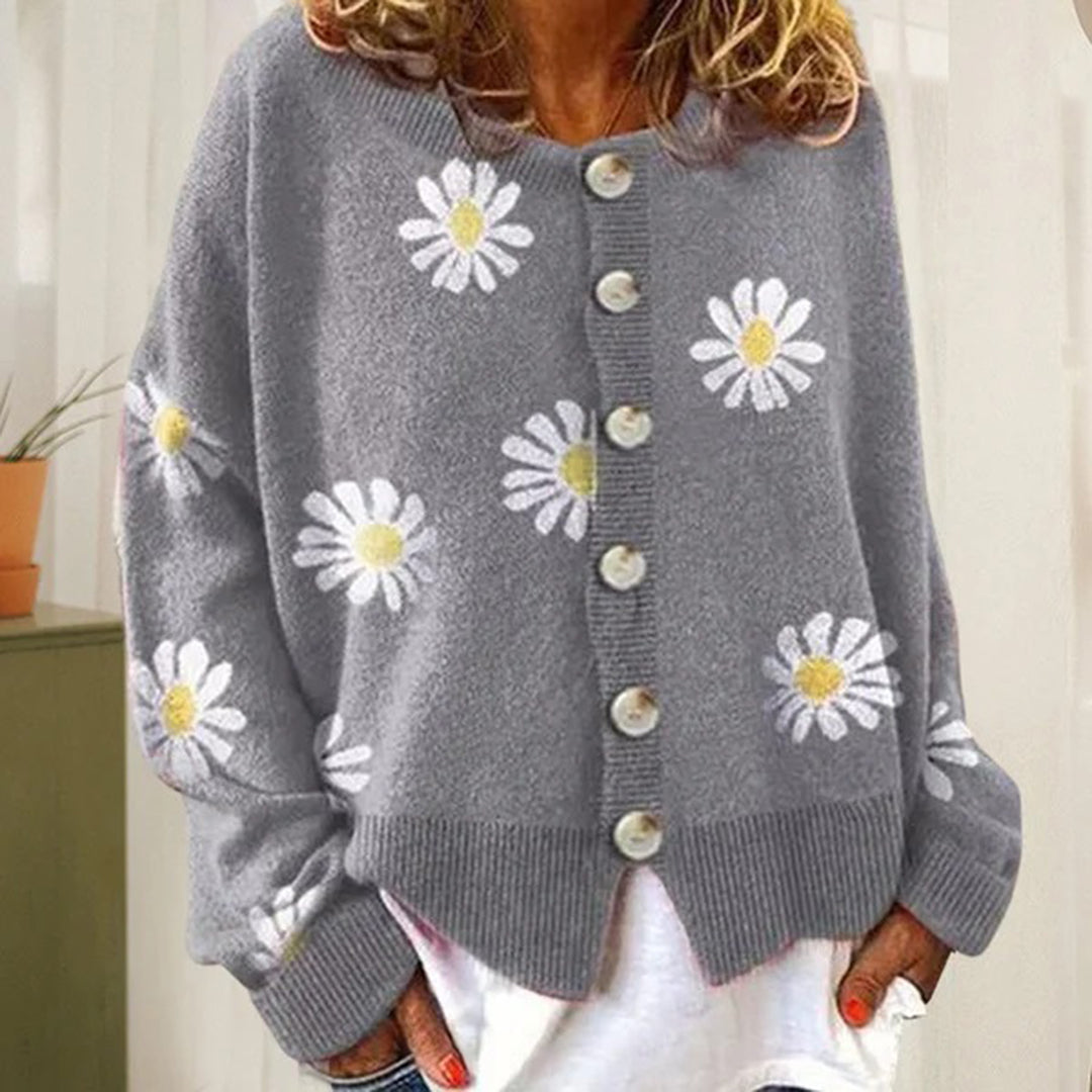 Blumenmuster-Strickjacke | Mit Knöpfen | Oversized | Strickjacke | Damen-Strickjacke-HauteBerlin
