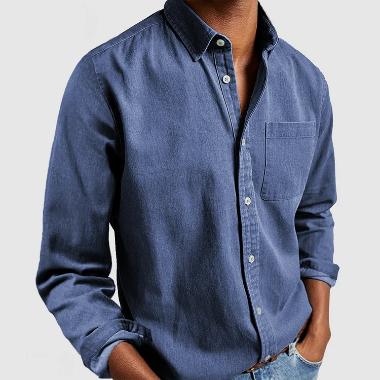 Button-down-Hemd | Lange Ärmel | Brusttasche | Freizeithemd | Denim-Hemd-Dunkelblau-S-HauteBerlin