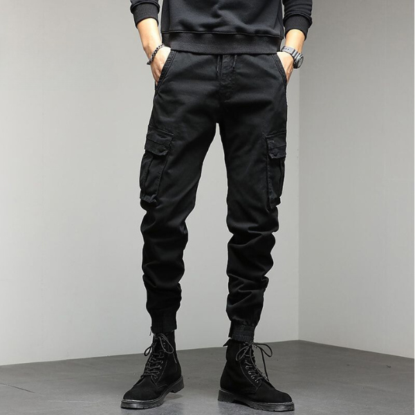 Cargo-Hosen - Taschen - Kordelzug - Cargo-Jogger - Herrenhosen-Schwarz-M-HauteBerlin