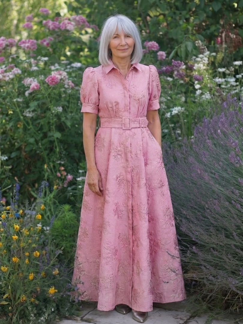 Maxikleid – Puffärmel – Mit Gürtel – Rosa Kleid – Kleid mit Knopfleiste-HauteBerlin