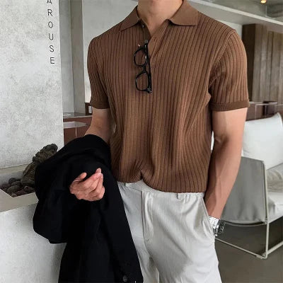 Polohemd | Button-up-Kragen | Umgeschlagener Kragen | Rippstrick-T-Shirt | Herrenhemden-HauteBerlin