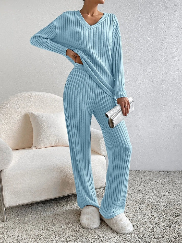 Strick-Loungewear-Set | Gerippt | Langarm | Zweiteiler | Loungewear für Damen-Leyna Moda