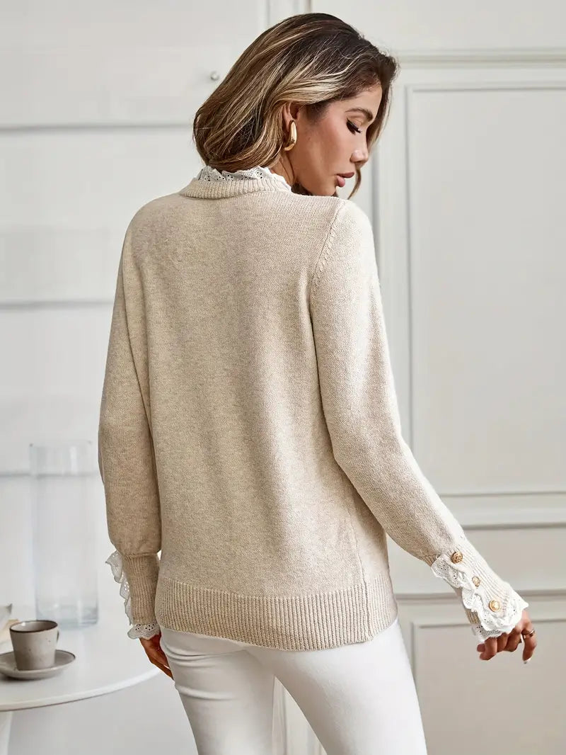 Strickpullover – Spitzenverzierungen – Beige – Pullover – Damenstrickmode-HauteBerlin
