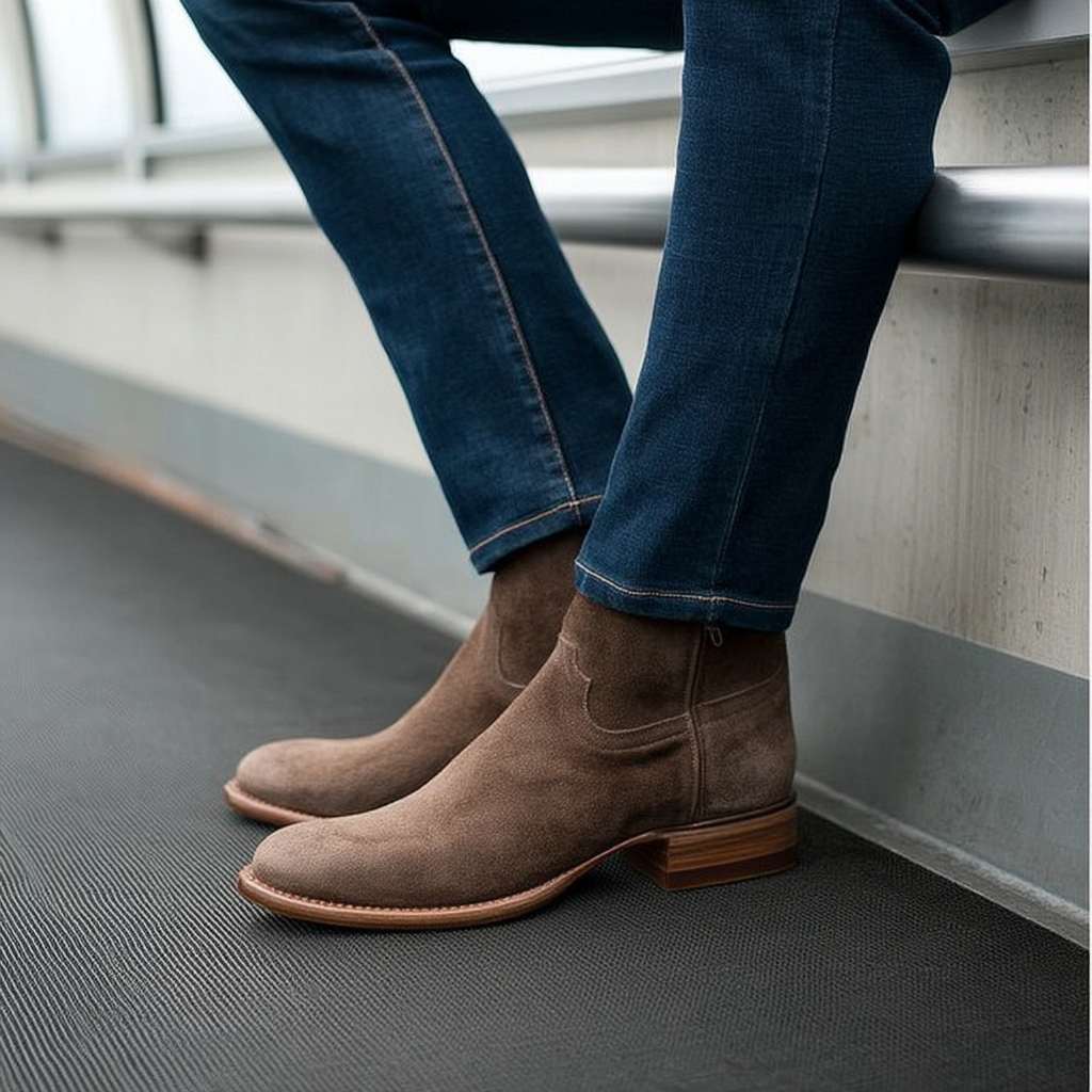 Wildlederstiefel - Braune Westernstiefel mit Reißverschluss für Männer-Chaps Herrenmode