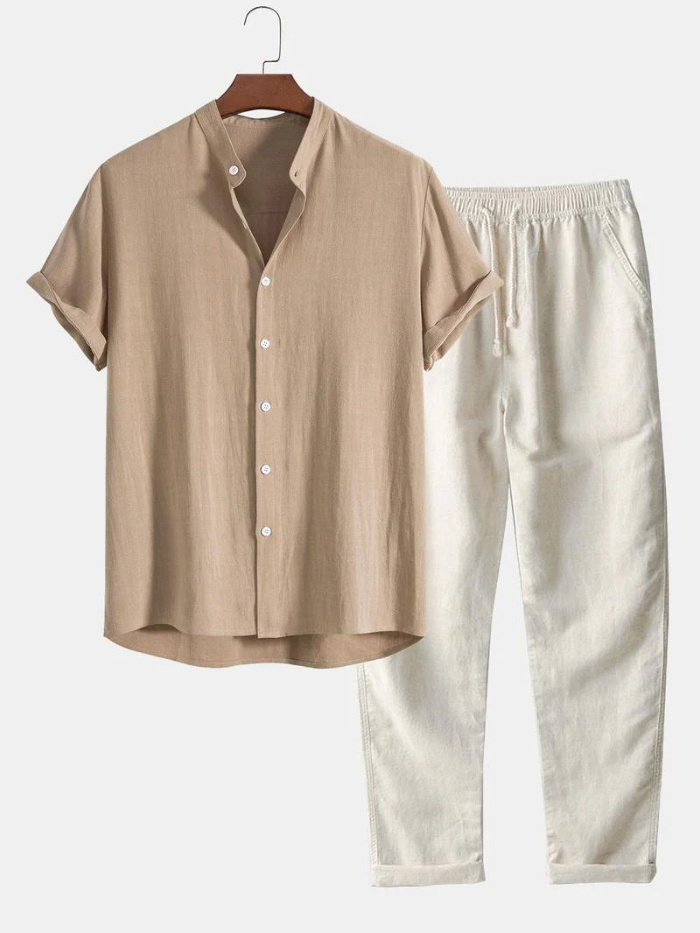 Zweiteiliges Set | Kurze Ärmel | Geknöpft | Leinenkleidung | Leinenhosen für Männer-Beige-S-HauteBerlin