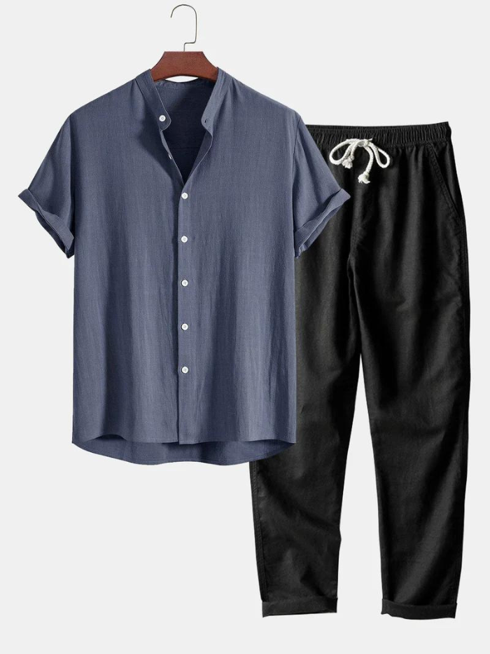 Zweiteiliges Set | Kurze Ärmel | Geknöpft | Leinenkleidung | Leinenhosen für Männer-Grau-S-HauteBerlin