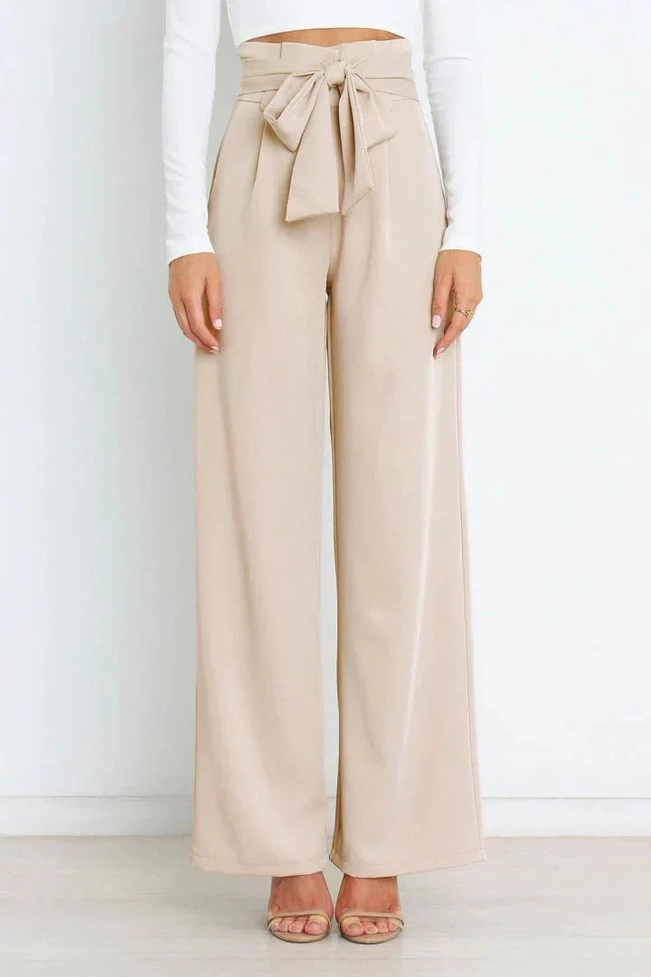 Elanthe – Damen Weite Hose mit Hohem Bund & Bindegürtel im Eleganten Schnitt-Beige-S-HauteBerlin