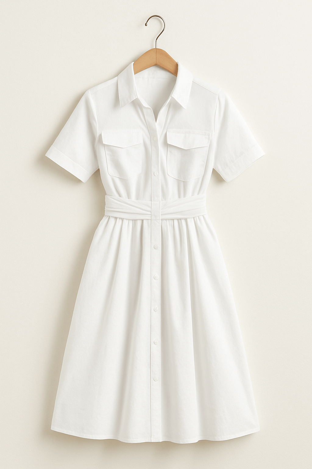 Hemdblusenkleid - Kurze Ärmel - Taille binden - Button-Up Kleid - Midi Kleid