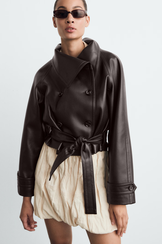 Kunstlederjacke – Zweireihig – Gürtel – Kurze Lederjacke – Damenjacke