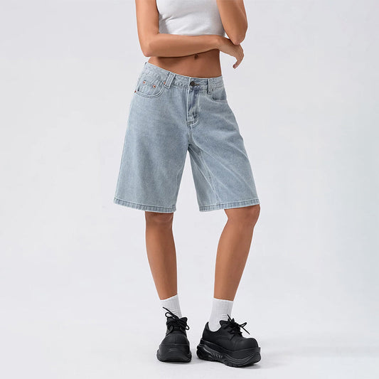Denim Shorts - lockere Passform - niedrige Leibhöhe - lange Shorts - Damenshorts