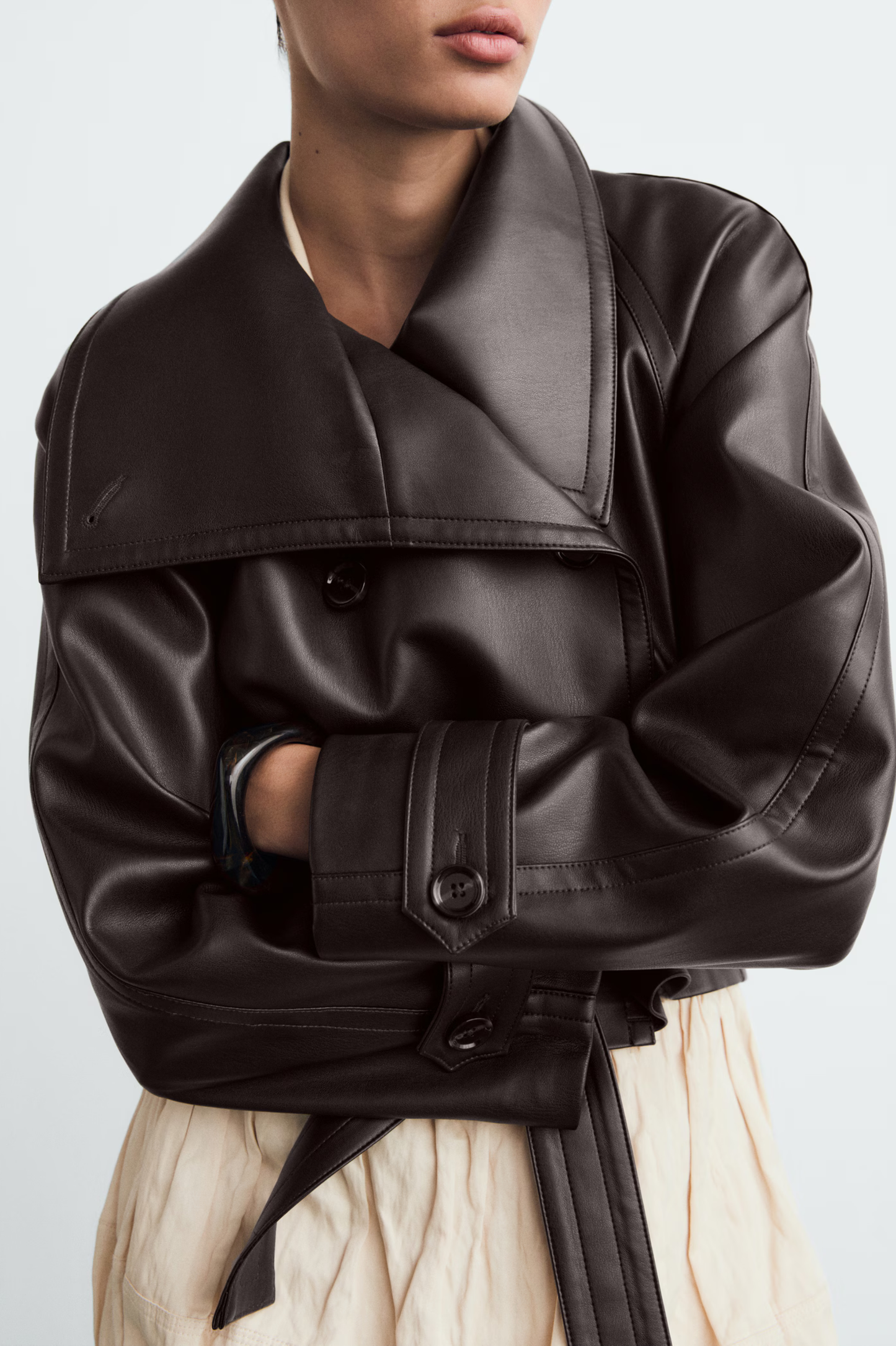 Kunstlederjacke – Zweireihig – Gürtel – Kurze Lederjacke – Damenjacke