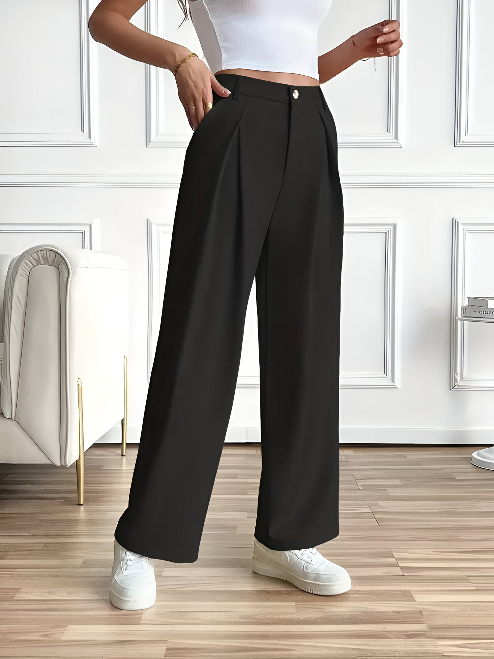 Velmira – Damen Elegante Hose mit Geradem Bein, Faltenwurf & Seitentaschen-HauteBerlin