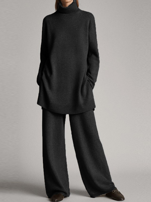Strick-Set – Damen-Rollkragenpullover und Lounge-Set mit weitem Bein