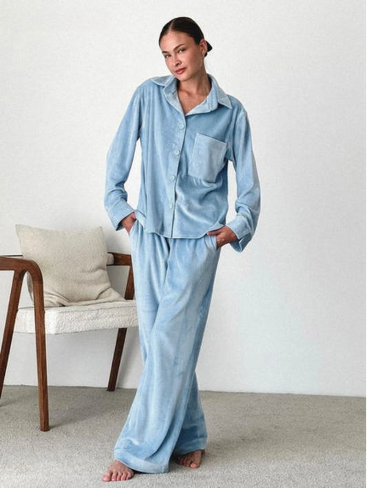 Pyjama-Set – Warmer blauer Langarm-Fleece-Pyjama für Frauen
