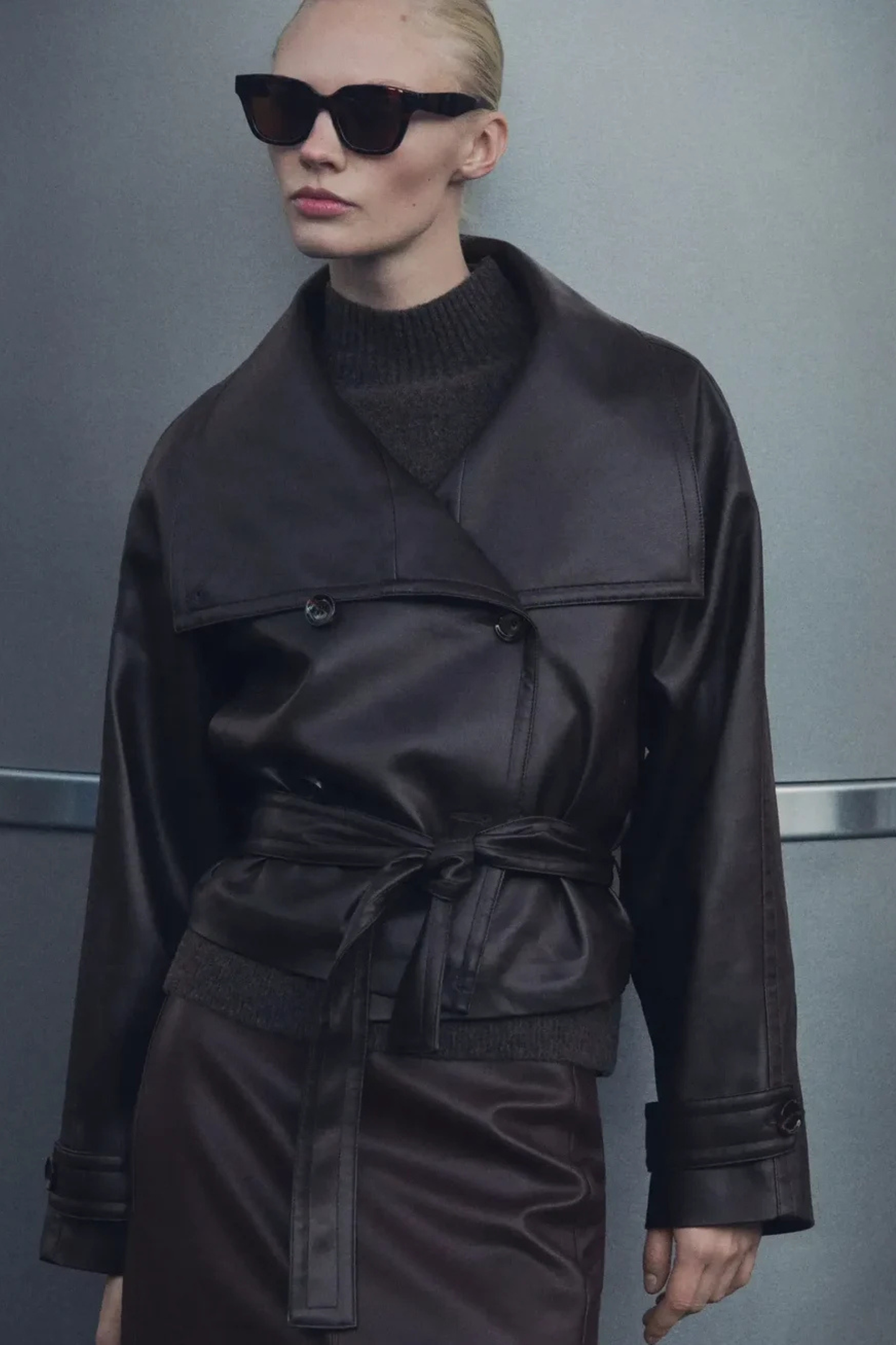 Kunstlederjacke – Zweireihig – Gürtel – Kurze Lederjacke – Damenjacke