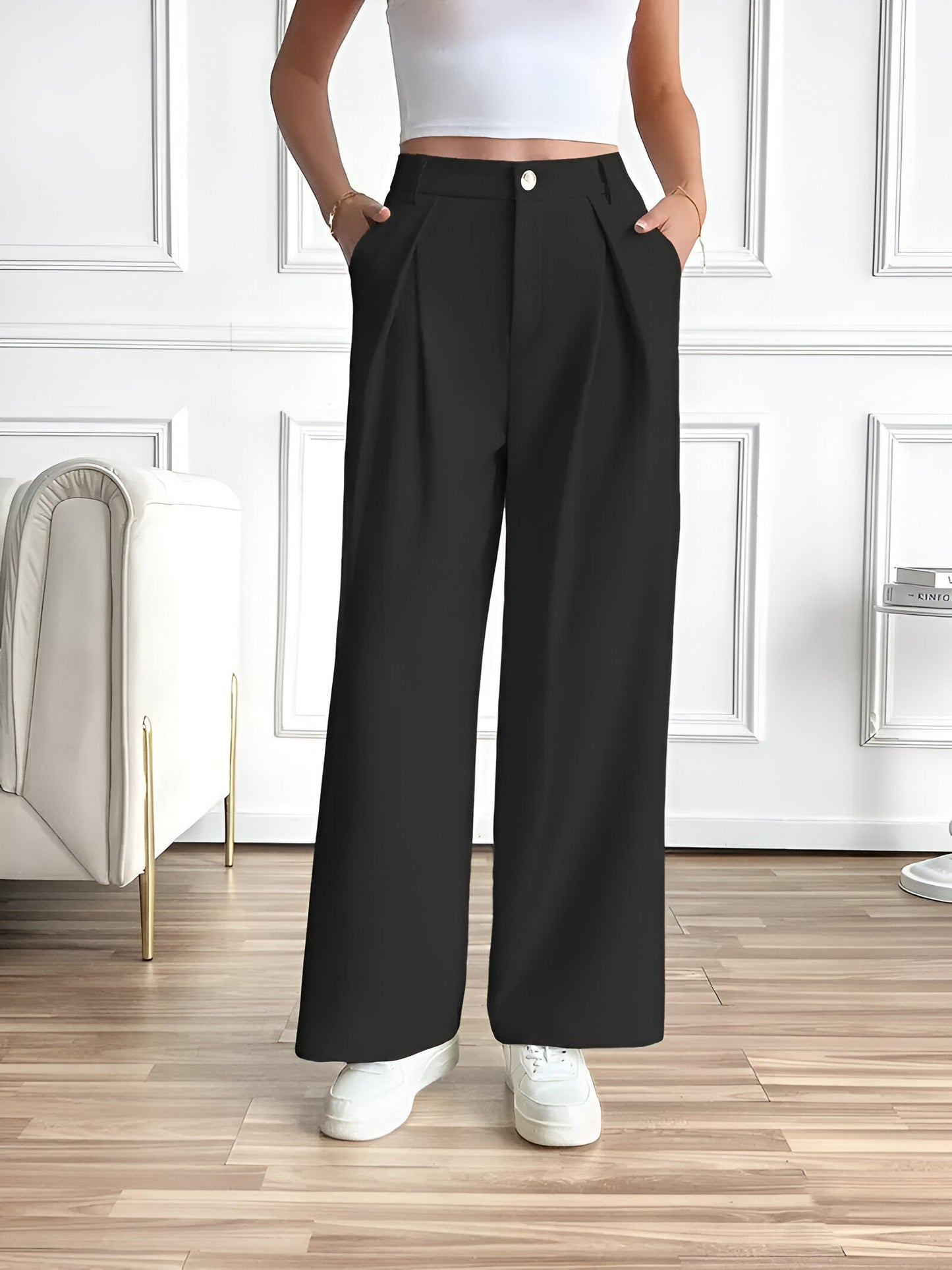 Velmira – Damen Elegante Hose mit Geradem Bein, Faltenwurf & Seitentaschen-HauteBerlin