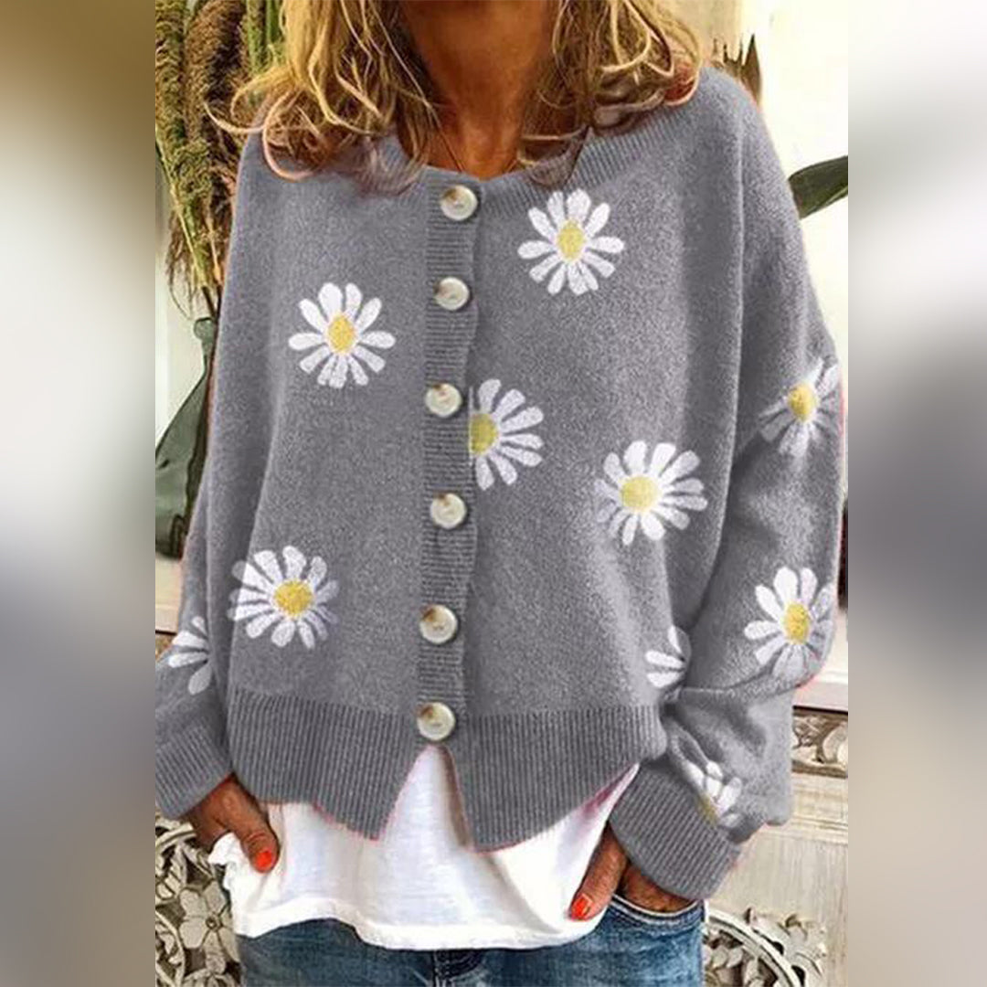 Blumenmuster-Strickjacke | Mit Knöpfen | Oversized | Strickjacke | Damen-Strickjacke-HauteBerlin