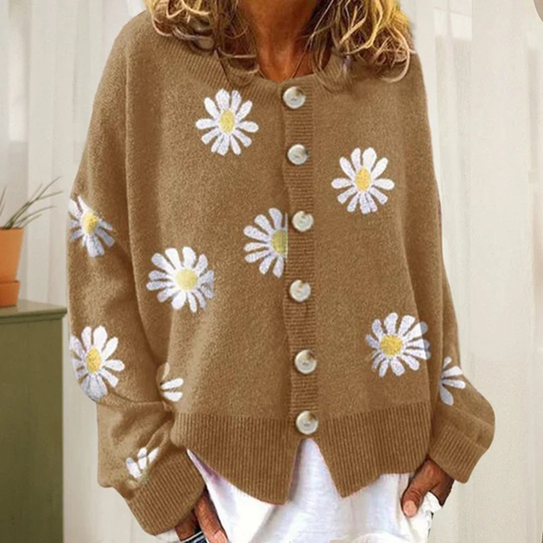 Blumenmuster-Strickjacke | Mit Knöpfen | Oversized | Strickjacke | Damen-Strickjacke-HauteBerlin