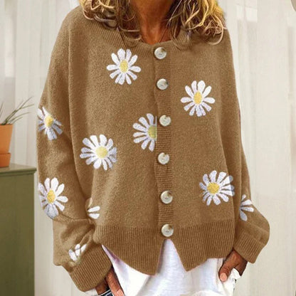 Blumenmuster-Strickjacke | Mit Knöpfen | Oversized | Strickjacke | Damen-Strickjacke-HauteBerlin