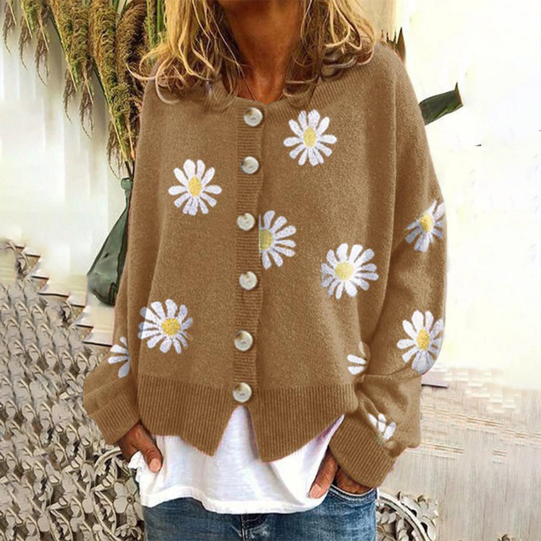 Blumenmuster-Strickjacke | Mit Knöpfen | Oversized | Strickjacke | Damen-Strickjacke-HauteBerlin