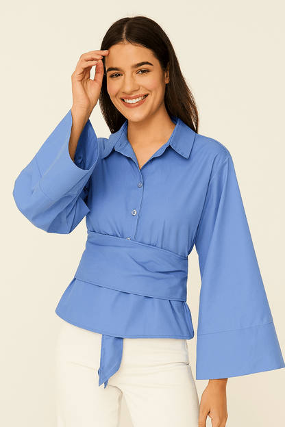 Bluse mit weiten Ärmeln | Taillengürtel | Glockenärmel | Hemdbluse | Damenbluse-HauteBerlin