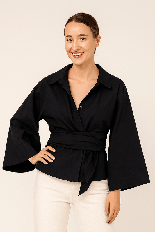 Bluse mit weiten Ärmeln | Taillengürtel | Glockenärmel | Hemdbluse | Damenbluse-HauteBerlin