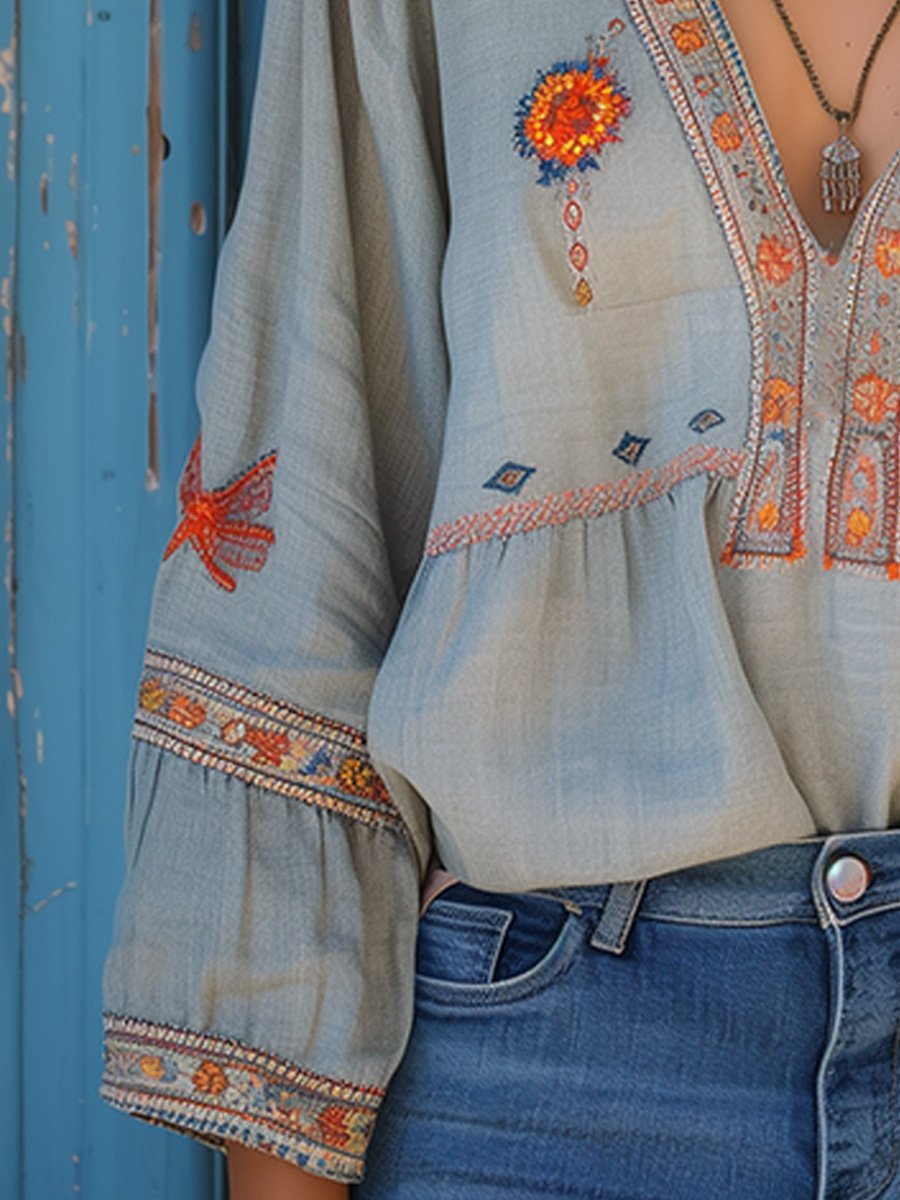 Boho Bluse | Loose Fit | Bestickt | Langarm Bluse | Damen Sommerbluse-HauteBerlin