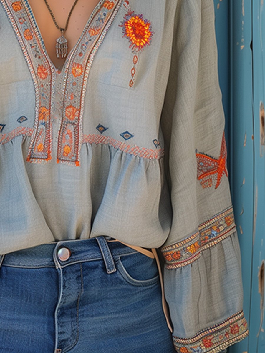 Boho Bluse | Loose Fit | Bestickt | Langarm Bluse | Damen Sommerbluse-HauteBerlin