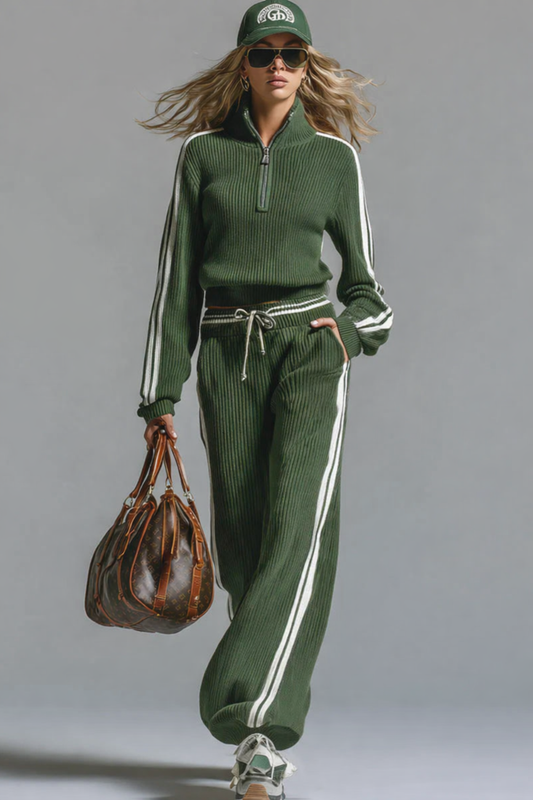 Damen-Trainingsanzug – Viertelreißverschluss – Gerippt – Jogginganzug – Kombi-Set