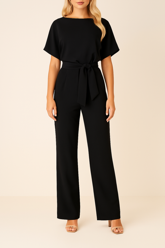 Eleganter Jumpsuit – Kurzärmeliger Jumpsuit mit Bindegürtel für Damen