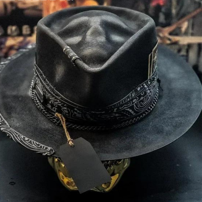 Cowboyhut - Schwarzer Totenkopf Fedora Hut mit breiter Krempe für Männer-HauteBerlin