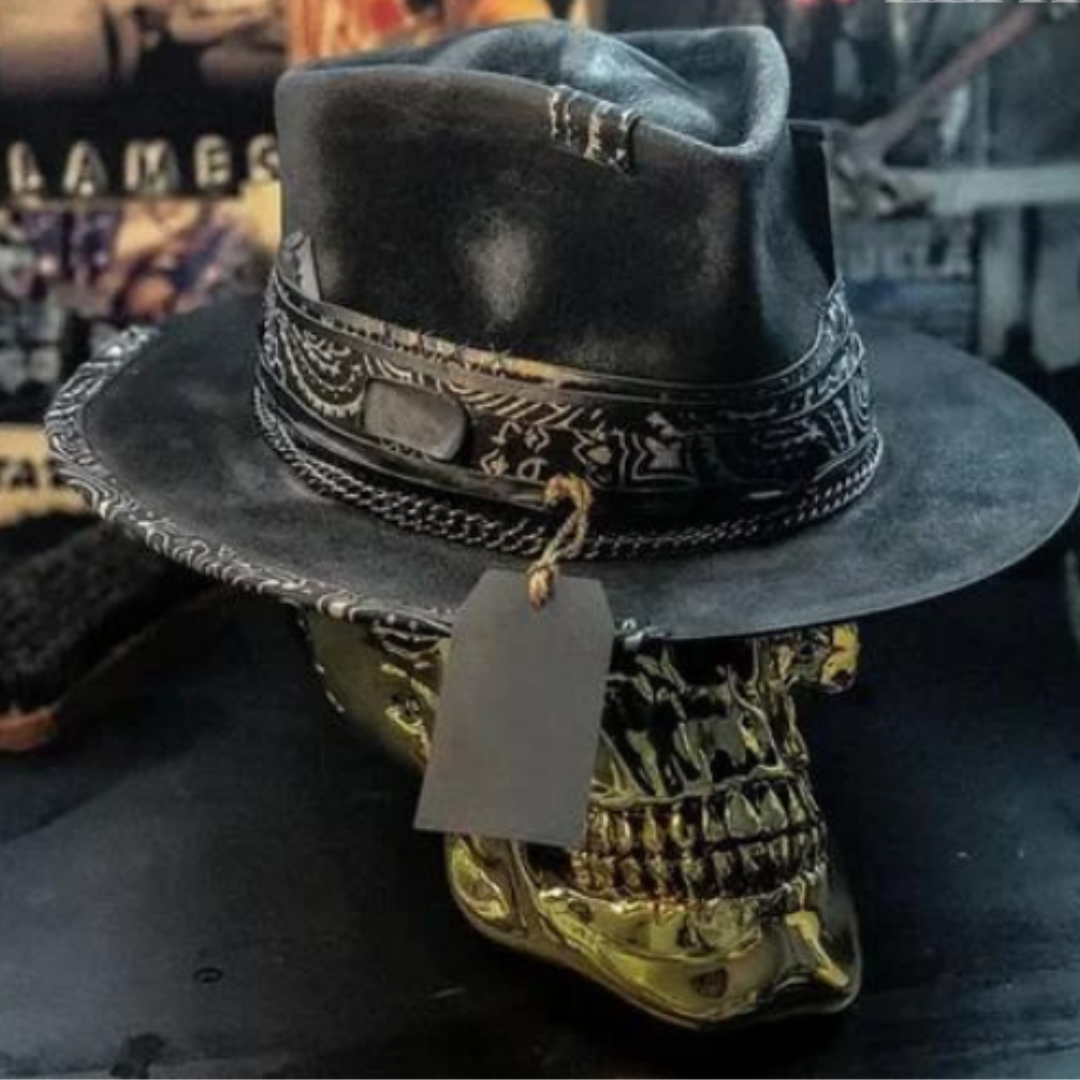 Cowboyhut - Schwarzer Totenkopf Fedora Hut mit breiter Krempe für Männer-HauteBerlin