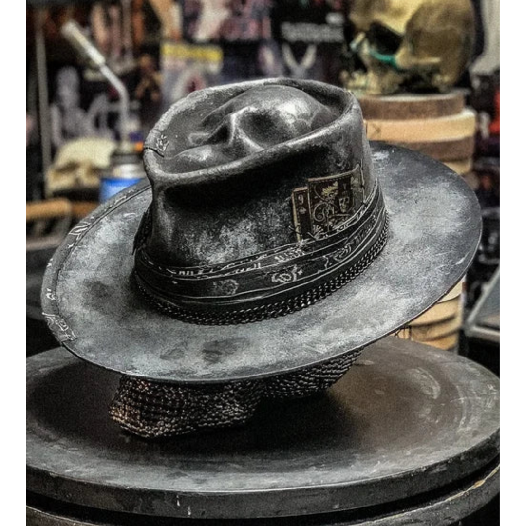 Cowboyhut - Schwarzer Totenkopf Fedora Hut mit breiter Krempe für Männer-HauteBerlin