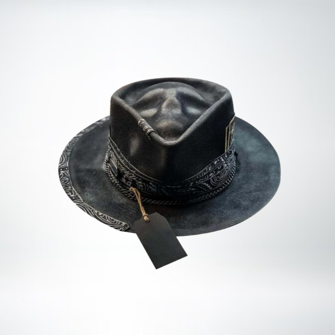 Cowboyhut - Schwarzer Totenkopf Fedora Hut mit breiter Krempe für Männer-HauteBerlin