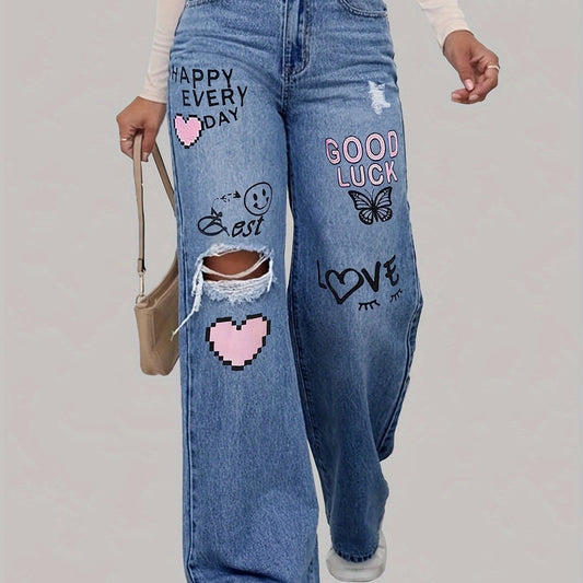 Jeans mit weitem Bein | zerrissen | bedruckt | Loose Fit Jeans | Damenjeans