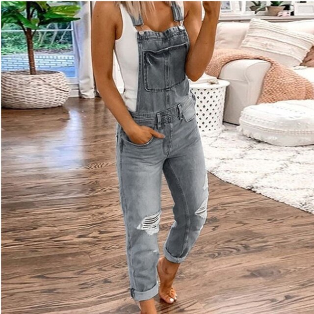 Denim Overalls - Ärmelloser Jumpsuit aus zerrissenem Denim für Frauen-Leyna Moda