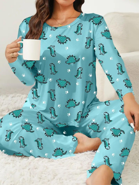 Dinosaurier Pyjama Set | Damen Casual Langarm Schlafanzug-Leyna Moda
