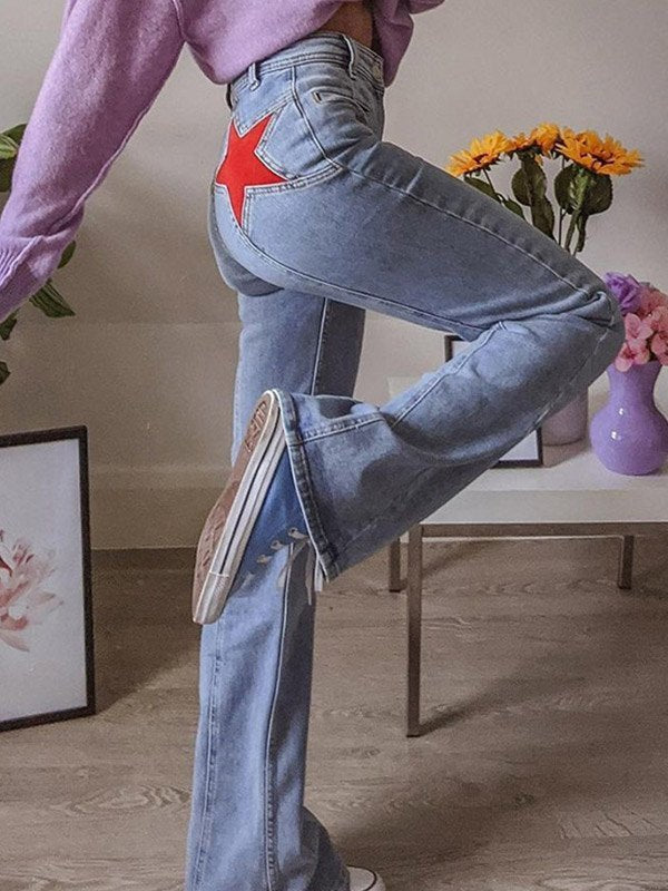 Flared Jeans - Hellblaue High Waisted Jeans mit Sternendruck für Frauen-HauteBerlin