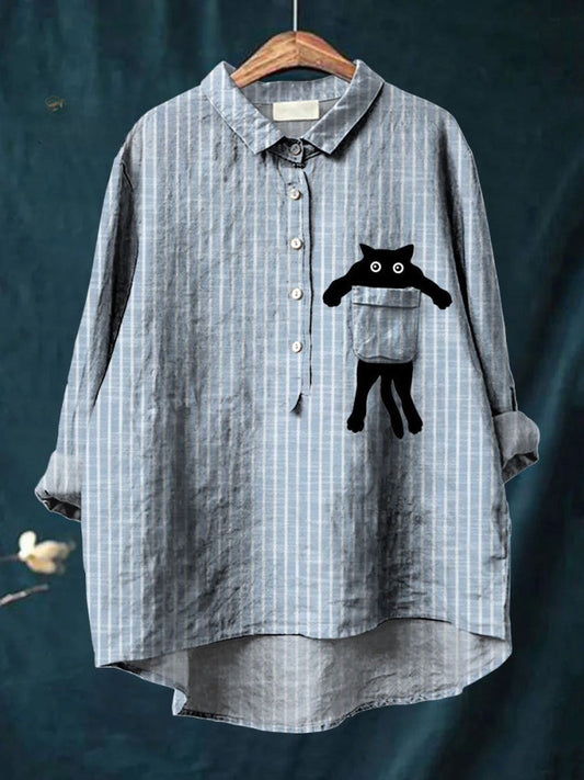 Gestreifte Bluse | Katzenmuster | Halbknopfleiste | Locker sitzende Bluse | Damenbluse-HauteBerlin