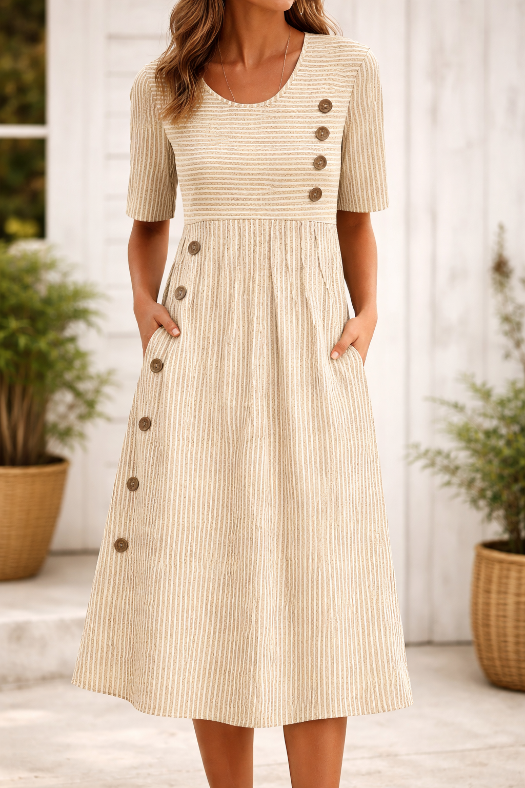 Gestreiftes Kleid – Lässig – Kurze Ärmel – Midikleid – Sommerkleid-HauteBerlin