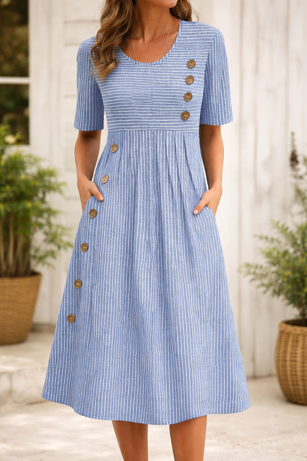 Gestreiftes Kleid – Lässig – Kurze Ärmel – Midikleid – Sommerkleid-HauteBerlin