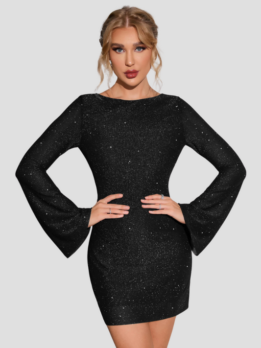 Glitzerkleid | Lange Ärmel | Mini | Rückenfreies Kleid | Abendkleid-HauteBerlin