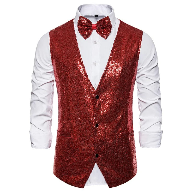 Glitzerweste – ärmellose, einreihige Partyweste und Fliege für Herren mit Glitzersteinen-HauteBerlin
