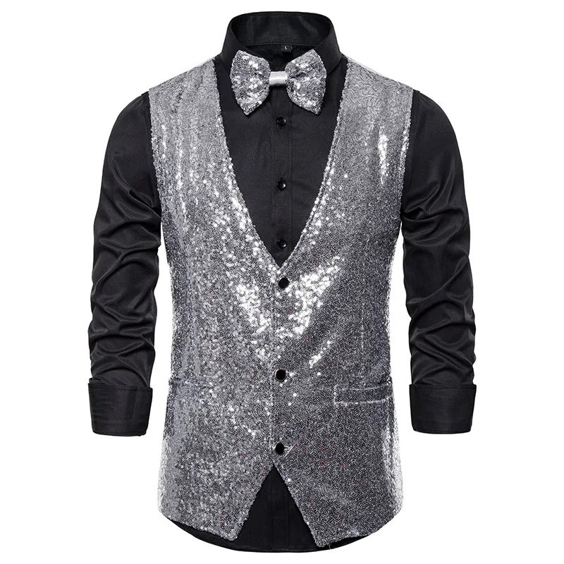 Glitzerweste – ärmellose, einreihige Partyweste und Fliege für Herren mit Glitzersteinen-HauteBerlin