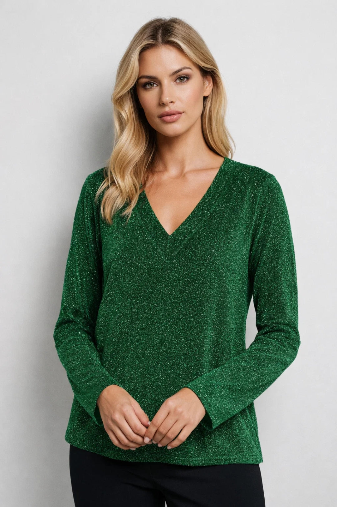 Grüne Bluse – Weite Ärmel – Glitzernd – Bluse mit V-Ausschnitt – Damenbekleidung-HauteBerlin