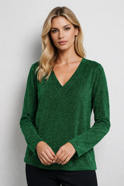 Grüne Bluse – Weite Ärmel – Glitzernd – Bluse mit V-Ausschnitt – Damenbekleidung-HauteBerlin