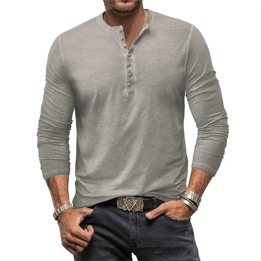 Henley-Shirt | Einfarbig | Knopfleiste am Kragen | Langärmliges T-Shirt | Herrenhemd-HauteBerlin