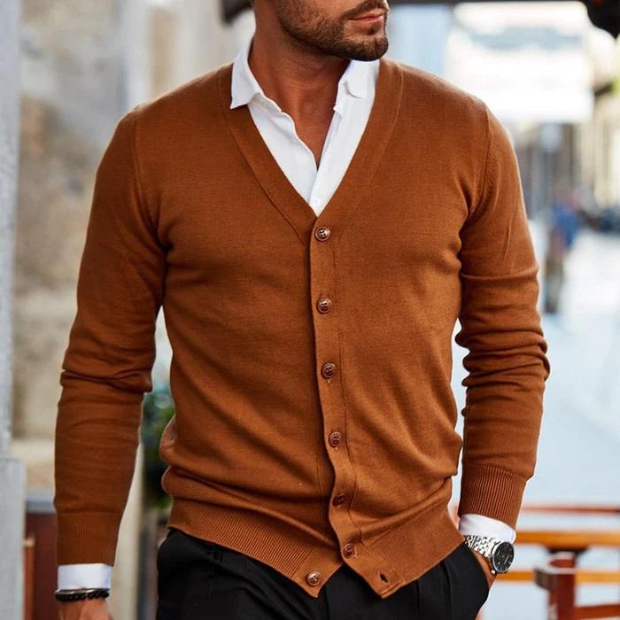 Herren-Strickjacke – V-Ausschnitt – Langarm – Strickjacke – Strickjacke mit Knöpfen-HauteBerlin
