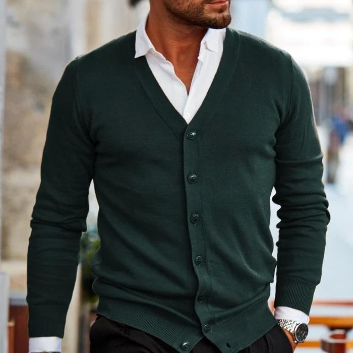 Herren-Strickjacke – V-Ausschnitt – Langarm – Strickjacke – Strickjacke mit Knöpfen-HauteBerlin