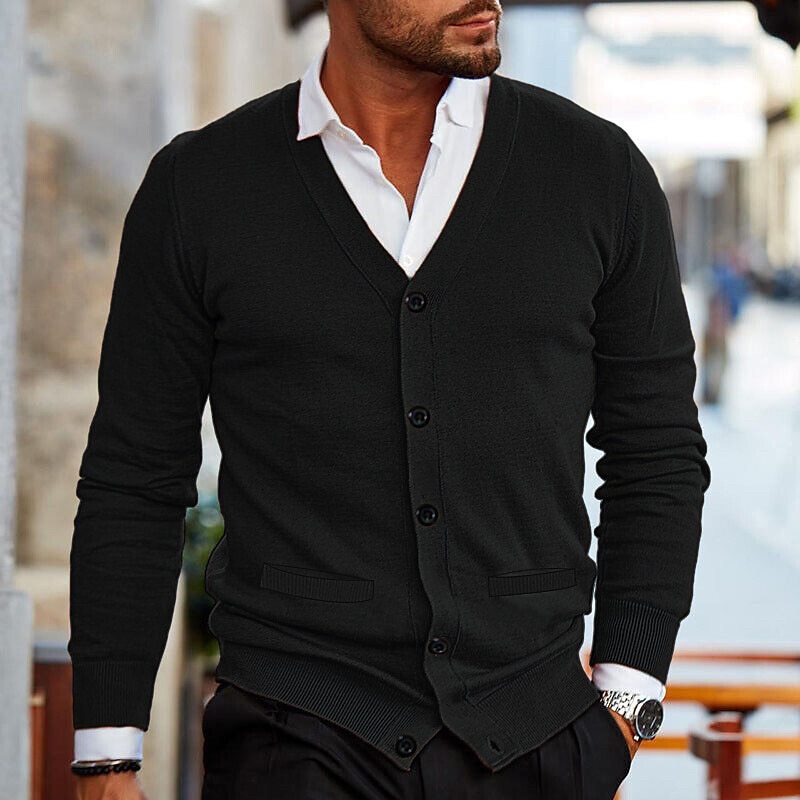 Herren-Strickjacke – V-Ausschnitt – Langarm – Strickjacke – Strickjacke mit Knöpfen-HauteBerlin